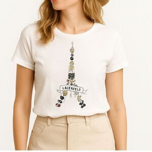 Karl Lagerfeld Paris White Graphic Tee Shirt S Eiffel Tower Iconic Parisian Chic